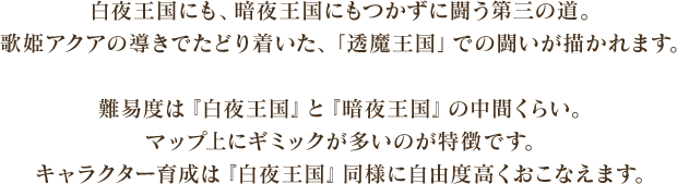 白夜王国にも、暗夜王国にもつかずに闘う第三の道。歌姫アクアの導きでたどり着いた、「透魔王国」での闘いが描かれます。難易度は『白夜王国』と『暗夜王国』の中間くらい。マップ上にギミックが多いのが特徴です。キャラクター育成は『白夜王国』同様に自由度高くおこなえます。