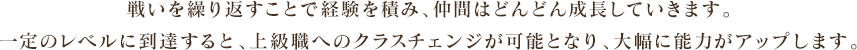 戦いを繰り返すことで経験を積み、仲間はどんどん成長していきます。一定のレベルに到達すると、上級職へのクラスチェンジが可能となり、大幅に能力がアップします。