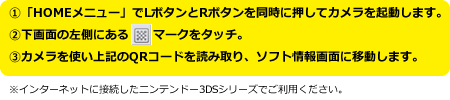 １、「HOMEメニュー」でLボタンとRボタンを同時に押してカメラを起動します。　２、下画面の左側にあるマークをタッチ。　３、カメラを使い上記のQRコードを読み取り、ソフト情報画面に移動します。　※インターネットに接続したニンテンドー3DSシリーズでご利用ください。