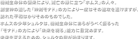 機械生命体の襲来により、滅亡の縁に立つ「ホムス」の人々。 創世神の遺した『神剣モナド』の力により一度はその進攻を退けますが、訪れた平和はかりそめのものでした。ホムスの少年シュルクは、機械生命体にあらがうべく振るった『モナド』の力により「未来を視る」能力に目覚めます。 未来を変えるための、シュルクの旅が始まります。