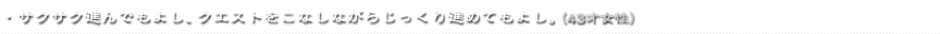 ・サクサク進んでもよし、クエストをこなしながらじっくり進めてもよし。（43才女性）