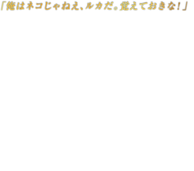 「俺はネコじゃねえ、ルカだ。覚えておきな！」LUKA ルカ ベヨネッタを執拗に付け回すフリーのジャーナリスト。彼女とは過去に深い因縁があるようで、強い憎しみの念を抱いて追い続ける。袖に仕込んだフックショットで危険な場所にも飛び込んでいくなど、ジャーナリストとは思えないガッツと身の軽さ、
そして何度失敗してもへこたれない陽気さと強運が彼の取り柄。直情的な彼はベヨネッタの良いからかい相手だが、思わぬ大胆な行動に出てベヨネッタさえ出し抜くことも。