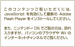 ̃Recɂ́AJavaScriptLɂčŐVAdobe Flash PlayerCXg[ĂB܂Ajeh[DSł́̕A܂Ap\R̃uEUWiĩC^[lbg`lłB