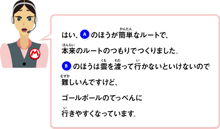 はい、(A)のほうが簡単なルートで、本来のルートのつもりでつくりました。(B)のほうは雲を渡って行かないといけないので難しいんですけど、ゴールポールのてっぺんに行きやすくなっています。