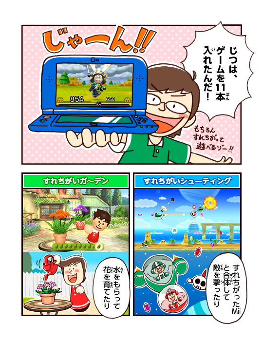 じゃーん！！じつは、ゲームを11本入れたんだ！もちろんすれちがって遊べるゾー！！すれちがいシューティングすれちがったMiiと合体して敵を撃ったり すれちがいガーデン 水をもらて花を育てたり