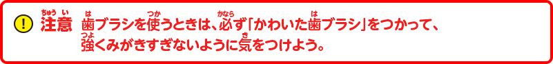 注意：歯ブラシを使うときは、必ず「かわいた歯ブラシ」をつかって、強くみがきすぎないように気をつけよう。