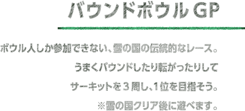 バウンドボウルGP ボウル人しか参加できない、雪の国の伝統的なレース。うまくバウンドしたり転がったりしてサーキットを3周し、1位を目指そう。※雪の国クリア後に遊べます。