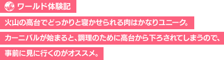 【ワールド体験記】火山の高台でどっかりと寝かせられる肉はかなりユニーク。カーニバルが始まると、調理のために高台から下ろされてしまうので、事前に見に行くのがオススメ。