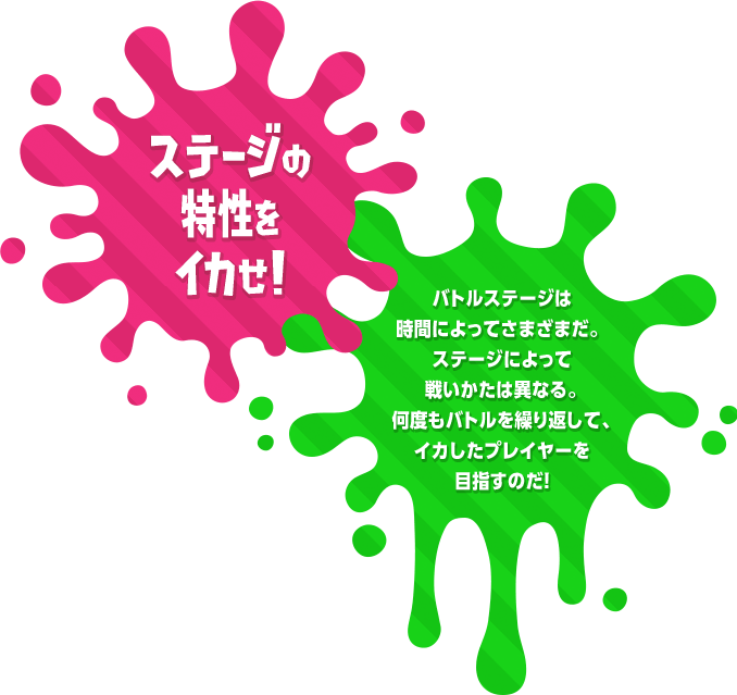 ステージの特性をイカせ!バトルステージは時間によってさまざまだ。ステージによって戦いかたは異なる。何度もバトルを繰り返して、イカしたプレイヤーを目指すのだ!