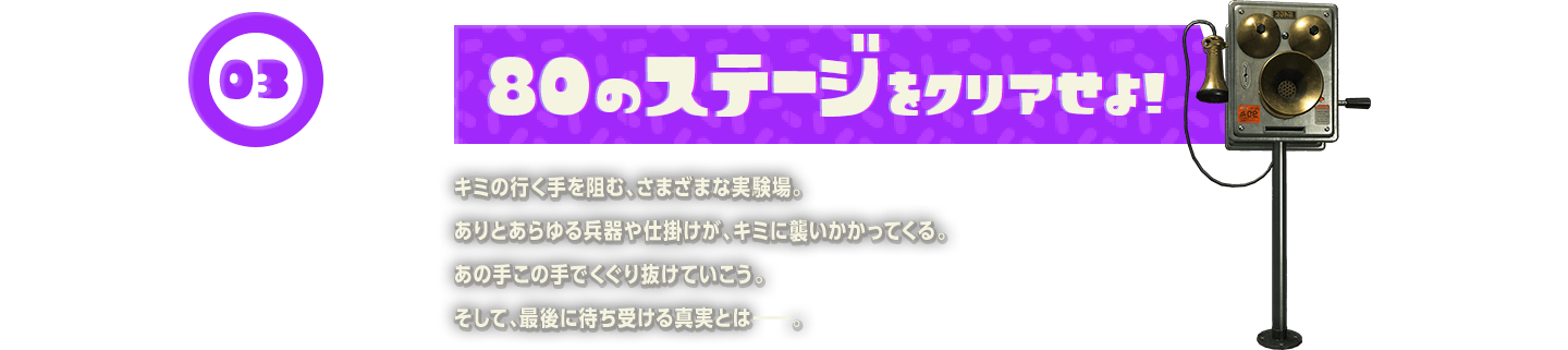 03　80のステージをクリアせよ!　キミの行く手を阻む、さまざまな実験場。ありとあらゆる兵器や仕掛けが、キミに襲いかかってくる。あの手この手でくぐり抜けていこう。そして、最後に待ち受ける真実とは。