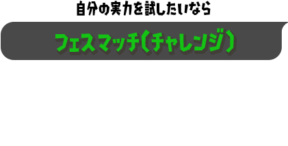 自分の実力を試したいなら フェスマッチ（チャレンジ）　自分自身の限界を確かめたいなら「フェスマッチ（チャレンジ）」を選択。参加は個人戦のみ。 勝利することで増える「フェスパワー」を高めて、「フェス100ケツ」を目指そう。