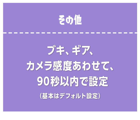 その他 ブキ、ギア、カメラ感度あわせて、最大90秒以内で設定（基本はデフォルト設定）