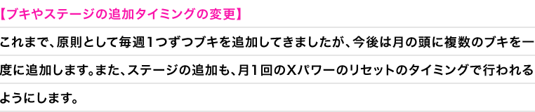 【ブキやステージの追加タイミングの変更】これまで、原則として毎週1つずつブキを追加してきましたが、今後は月の頭に複数のブキを一度に追加します。また、ステージの追加も、月1回のXパワーのリセットのタイミングで行われるようにします。