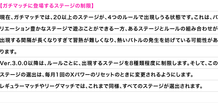 【ガチマッチに登場するステージの制限】
				現在、ガチマッチでは、20以上のステージが、4つのルールで出現しうる状態です。これは、バリエーション豊かなステージで遊ぶことができる一方、あるステージとルールの組み合わせが出現する間隔が長くなりすぎて習熟が難しくなり、熱いバトルの発生を妨げている可能性があります。Ver.3.0.0以降は、ルールごとに、出現するステージを8種類程度に制限します。そして、このステージの選出は、毎月1回のXパワーのリセットのときに変更されるようにします。レギュラーマッチやリーグマッチでは、これまで同様、すべてのステージが選出されます。