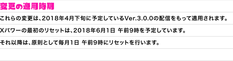 変更の適用時期　これらの変更は、2018年4月下旬に予定しているVer.3.0.0の配信をもって適用されます。Xパワーの最初のリセットは、2018年6月1日 午前9時を予定しています。それ以降は、原則として毎月1日 午前9時にリセットを行います。