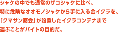 シャケの中でも通常のザコシャケに比べ、特に危険なオオモノシャケから手に入る金イクラを、「クマサン商会」が設置したイクラコンテナまで運ぶことがバイトの目的だ。