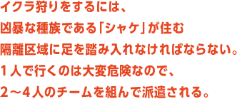 イクラ狩りをするには、凶暴な種族である「シャケ」が住む隔離区域に足を踏み入れなければならない。1人で行くのは大変危険なので、2～4人のチームを組んで派遣される。