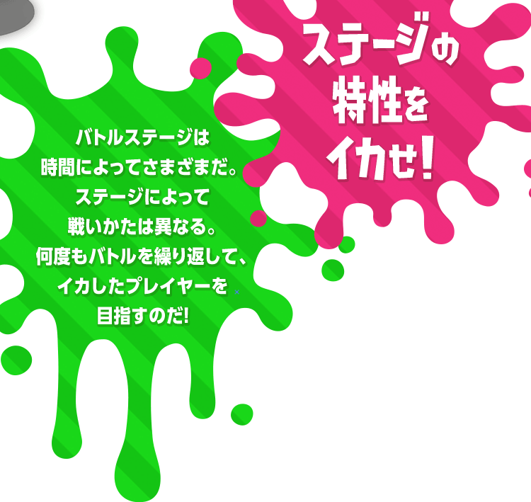 バトルステージは時間によってさまざまだ。ステージによって戦いかたは異なる。何度もバトルを繰り返して、イカしたプレイヤーを目指すのだ!ステージの特性をイカせ!