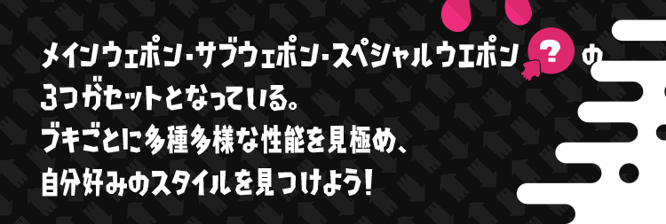 メインウェポン・サブウェポン・スペシャルウエポンの3つがセットとなっている。ブキごとに多種多様な性能を見極め、自分好みのスタイルを見つけよう!