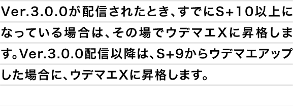 Ver.3.0.0が配信されたとき、すでにS+10以上になっている場合は、その場でウデマエXに昇格します。Ver.3.0.0配信以降は、S+9からウデマエアップした場合に、ウデマエXに昇格します。