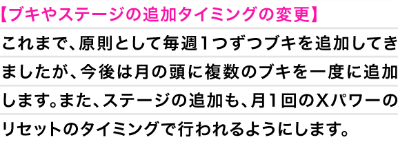 【ブキやステージの追加タイミングの変更】これまで、原則として毎週1つずつブキを追加してきましたが、今後は月の頭に複数のブキを一度に追加します。また、ステージの追加も、月1回のXパワーのリセットのタイミングで行われるようにします。