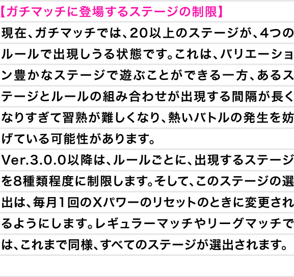 【ガチマッチに登場するステージの制限】
              現在、ガチマッチでは、20以上のステージが、4つのルールで出現しうる状態です。これは、バリエーション豊かなステージで遊ぶことができる一方、あるステージとルールの組み合わせが出現する間隔が長くなりすぎて習熟が難しくなり、熱いバトルの発生を妨げている可能性があります。Ver.3.0.0以降は、ルールごとに、出現するステージを8種類程度に制限します。そして、このステージの選出は、毎月1回のXパワーのリセットのときに変更されるようにします。レギュラーマッチやリーグマッチでは、これまで同様、すべてのステージが選出されます。