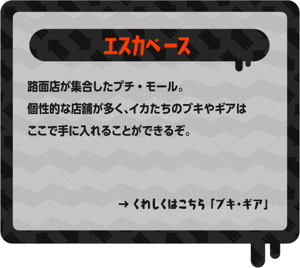 エスカベース 路面店が集合したプチ・モール。個性的な店舗が多く、イカたちのブキやギアはここで手に入れることができるぞ。