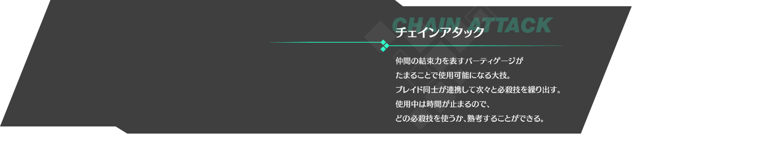 チェインアタック 仲間の結束力を表すパーティゲージがたまることで使用可能になる大技。ブレイド同士が連携して次々と必殺技を繰り出す。使用中は時間が止まるので、どの必殺技を使うか、熟考することができる。