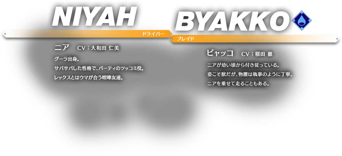 ニア CV ： 大和田 仁美 グーラ出身。サバサバした性格で、パーティのツッコミ役。レックスとはウマが合う喧嘩友達。 ビャッコ CV ： 稲田 徹 ニアが幼い頃から付き従っている。姿こそ獣だが、物腰は執事のように丁寧。ニアを乗せて走ることもある。