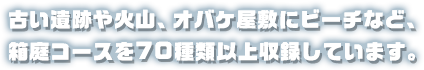 古い遺跡や火山、オバケ屋敷にビーチなど、箱庭コースを70種類以上収録しています。