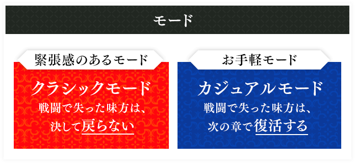 モード 緊張感のあるモード クラシックモード 戦闘で失った味方は、決して戻らない お手軽モード カジュアルモード 戦闘で失った味方は、次の章で復活する