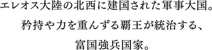 エレオス大陸の北西に建国された軍事大国。　騎士道を重んずる覇王が統治する、富国強兵国家。