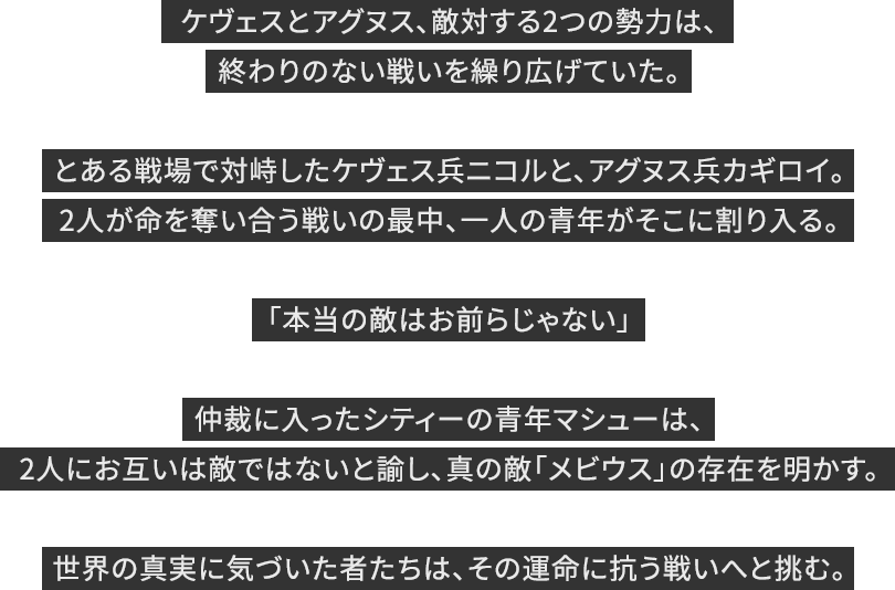 ケヴェスとアグヌス、敵対する2つの勢力は、終わりのない戦いを繰り広げていた。とある戦場で対峙したケヴェス兵ニコルと、アグヌス兵カギロイ。2人が命を奪い合う戦いの最中、一人の青年がそこに割り入る。「本当の敵はお前らじゃない」仲裁に入ったシティーの青年マシューは、2人にお互いは敵ではないと諭し、真の敵「メビウス」の存在を明かす。世界の真実に気づいた者たちは、その運命に抗う戦いへと挑む。