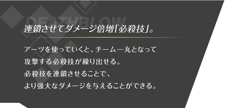 連鎖させてダメージ倍増「必殺技」。 アーツを使っていくと、チーム一丸となって攻撃する必殺技が繰り出せる。 必殺技を連鎖させることで、より強大なダメージを与えることができる。