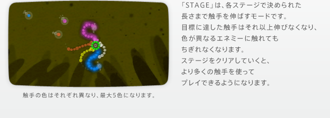 「STAGE」は、各ステージで決められた長さまで触手を伸ばすモードです。目標に達した触手はそれ以上伸びなくなり、色が異なるエネミーに触れてもちぎれなくなります。ステージをクリアしていくと、より多くの触手を使ってプレイできるようになります。