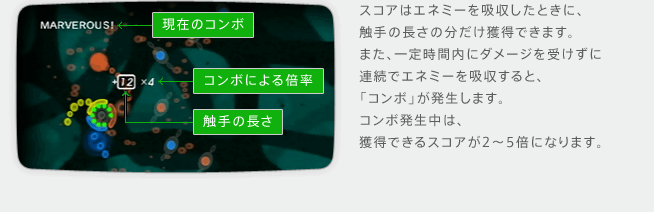 スコアはエネミーを吸収したときに、触手の長さの分だけ獲得できます。また、一定時間内にダメージを受けずに連続でエネミーを吸収すると、「コンボ」が発生します。コンボ発生中は、獲得できるスコアが2〜5倍になります。