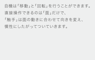 自機は「移動」と「回転」を行うことができます。直接操作できるのは「面」だけで、「触手」は面の動きに合わせて向きを変え、慣性にしたがってついていきます。