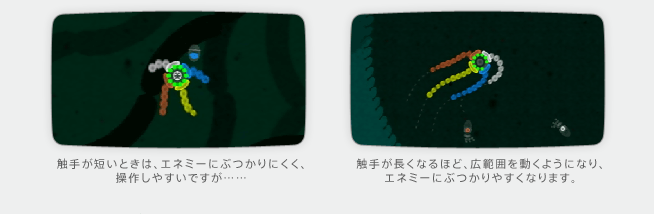 触手が短いときは、エネミーにぶつかりにくく、操作しやすいですが……触手が長くなるほど、広範囲を動くようになり、エネミーにぶつかりやすくなります。