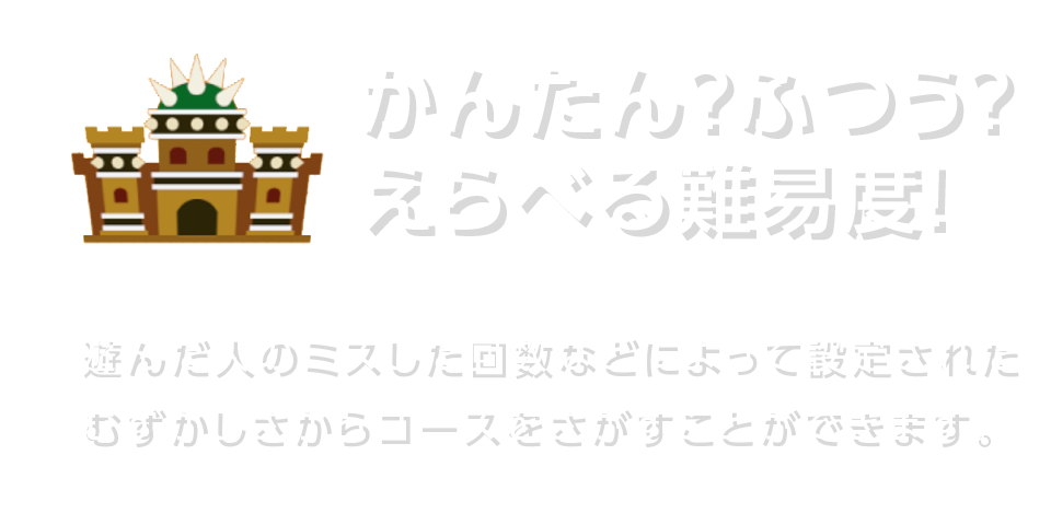 かんたん？ふつう？えらべる難易度！ 遊んだ人のミスした回数などによって設定されたむずかしさからコースをさがすことができます。