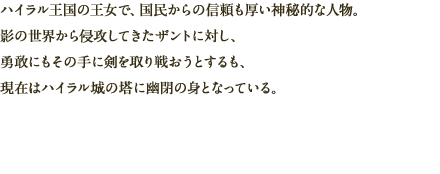 ハイラル王国の王女で、国民からの信頼も厚い神秘的な人物。影の世界から侵攻してきたザントに対し、勇敢にもその手に剣を取り戦おうとするも、現在はハイラル城の塔に幽閉の身となっている。