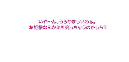 いや～ん、うらやましいわぁ。お姫様なんかにも会っちゃうのかしら？