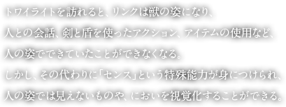 トワイライトを訪れると、リンクは獣の姿になり、人との会話、剣と盾を使ったアクション、アイテムの使用など、人の姿でできていたことができなくなる。しかし、その代わりに「センス」という特殊能力が身につけられ、人の姿では見えないものや、においを視覚化することができる。