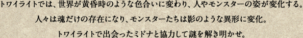 トワイライトでは、世界が黄昏時のような色合いに変わり、人やモンスターの姿が変化する。人々は魂だけの存在になり、モンスターたちは影のような異形に変化。トワイライトで出会ったミドナと協力して謎を解き明かせ。