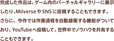 完成した作品は、ゲーム内のバーチャルギャラリーに展示したり、MiiverseやSNSに投稿することもできます。さらに、今作では作画過程を自動録画する機能がついており、YouTubeへ投稿して、世界中でノウハウを共有することもできます。