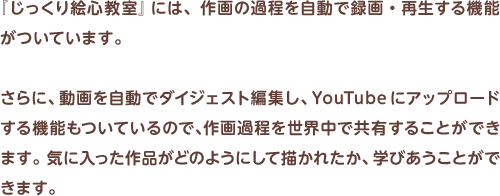 『じっくり絵心教室』には、作画の過程を自動で録画・再生する機能がついています。さらに、動画を自動でダイジェスト編集し、YouTubeにアップロードする機能もついているので、作画過程を世界中で共有することができます。気に入った作品がどのようにして描かれたか、学びあうことができます。