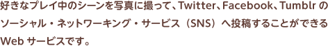 好きなプレイ中のシーンを写真に撮って、Twitter、Facebook、Tumblrのソーシャル・ネットワーキング・サービス（SNS）へ投稿することができるWebサービスです。