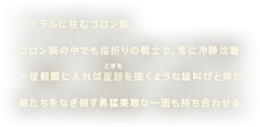 ハイラルに住むゴロン族。ゴロン族の中でも指折りの戦士で、常に冷静沈着。一度戦闘に入れば度胆（どきも）を抜くような雄叫びと共に敵たちをなぎ倒す勇猛果敢な一面も持ち合わせる。