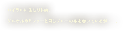 ハイラルに住むリト族。ダルケルやミファーと同じブルーの布を巻いているが……。