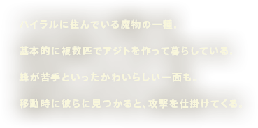 ハイラルに住んでいる魔物の一種。基本的に複数匹でアジトを作って暮らしている。蜂が苦手といったかわいらしい一面も。移動時に彼らに見つかると、攻撃を仕掛けてくる。