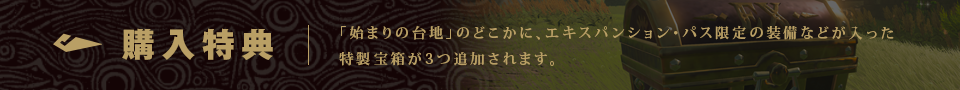 購入特典 「始まりの台地」のどこかに、エキスパンション・パス限定の装備などが入った特製宝箱が3つ追加されます。